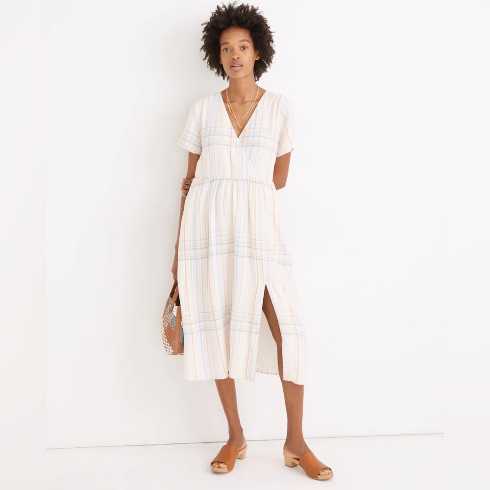 Madewell Linen-Blend Clara Midi Dress in Plaid SZ XXS NA256